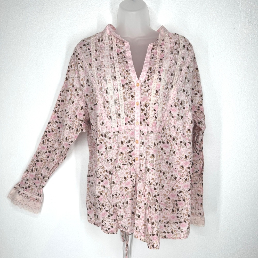 Faded Glory Vintage Floral Lace Trim Cotton Blouse Plus 22 Boho Cottagecore Top